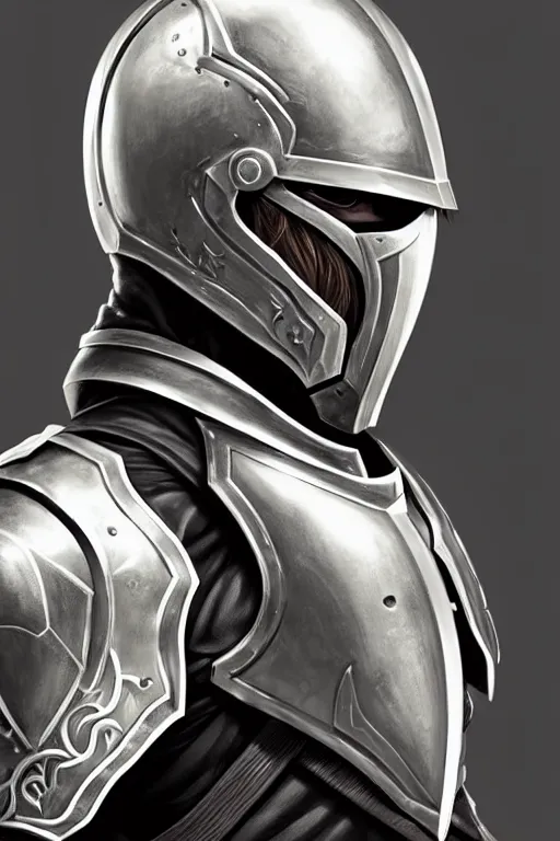 Prompt: profile of paladin knight wearing full helmet and scale mail armor, character concept art, intricate details, highly detailed photorealistic portrait in the style of adam hughes, seseon yoon, artgerm and warren louw