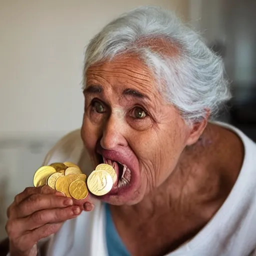 Prompt: photo of a dementia patient eating coins