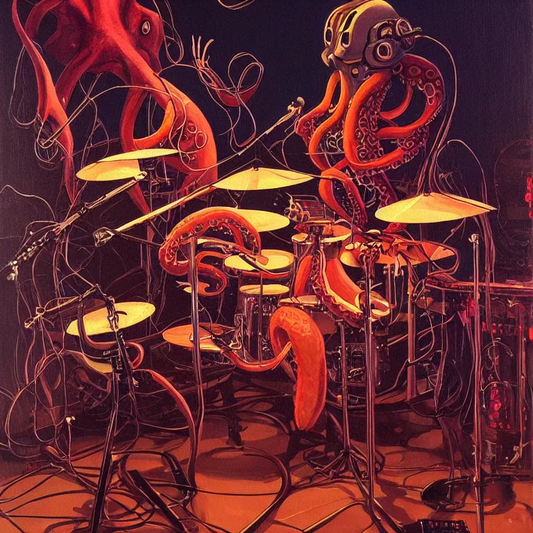 Prompt: a beautiful painting by gerald brom of a couple of octopus robots playing drums and telecaster guitar in an electronic concert, concert light, dark mood, warm lights