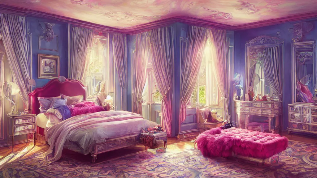 Image similar to art deco bedroom, photo, ultra detail, photoreal, professionally retouched, bright colors, wide angle, 8 k high definition, insanely detailed, intricate, elegant, art by artgerm and wlop