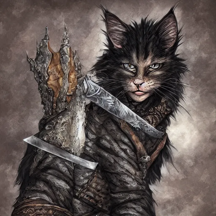 Image similar to Khajit Tabaxi Catfolk Humanoid with Maine Coon features and black fur holding two shortswords cloaked in shadow and wearing leather armor, Dungeons and Dragons, pure white background, Fantasy, Tarot card style, Half Body Portrait, High detail, hyper realistic