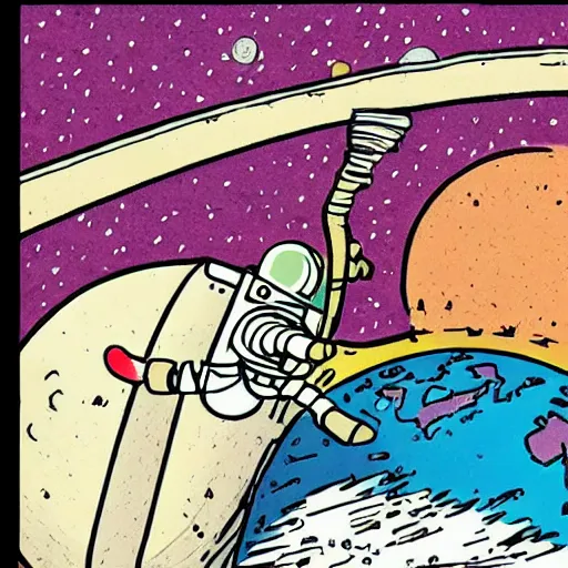 Image similar to bill watterson illustration of an astronaut drifting in space staring at the earth