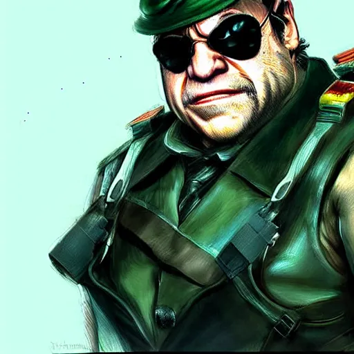 Image similar to beautiful videogame concept art of danny devito from metal gear solid