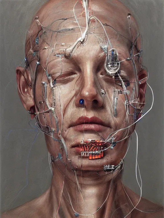 Image similar to cybernetic implants on face, metal jaw, usb port on forehead, portrait by jenny saville, calm, serene, relaxing, muted, naturalistic, minimalist