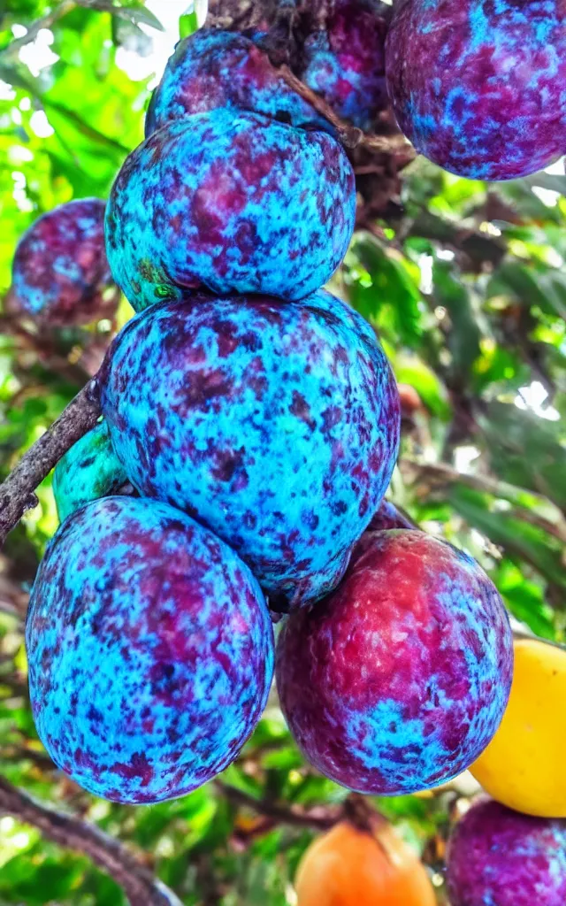 Prompt: a macro shot of a fruit hanging on a tropical tree, it is very colorful but has mainly shades of blue and violet, it looks poisonous but tasty