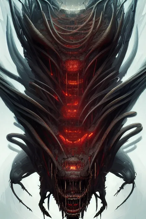 Image similar to professional concept art portrait of a terrifying! mechanical predatory! fractal! species in a dark room by artgerm and greg rutkowski. an intricate, elegant, highly detailed digital painting, concept art, smooth, sharp focus, illustration, in the style of cam sykes.