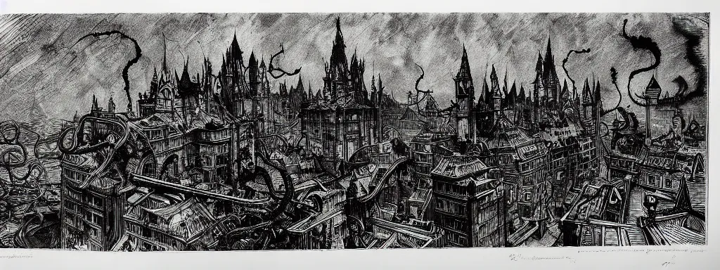 Image similar to the alchemical art of etching by master anders zorn. a lovecraftian horror destroying a city. ink highly detailed lines