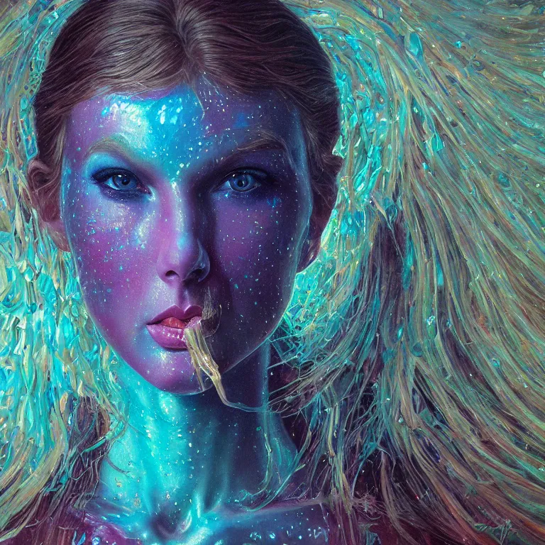 Prompt: Hyperrealistic intensely colored close up studio Photograph portrait of a deep sea bioluminescent Taylor Swift in Crystalline armor, symmetrical face realistic proportions eye contact, sitting in Her throne underwater, award-winning portrait oil painting by Norman Rockwell and Zdzisław Beksiński vivid colors high contrast hyperrealism 8k