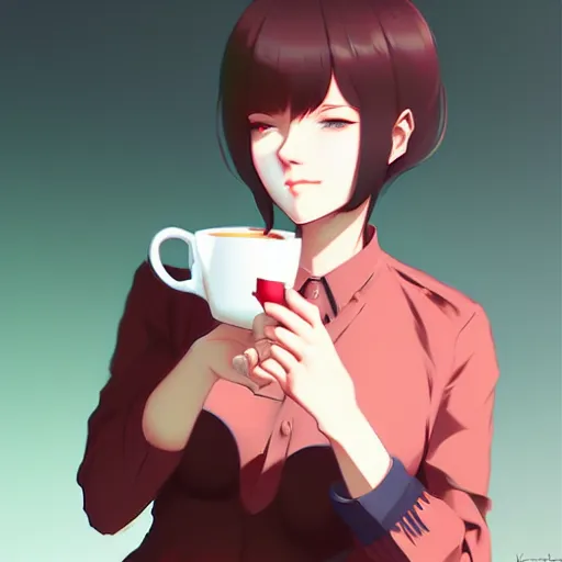 Prompt: woman drinking coffee, style of krenz cushart and ilya kuvshinov