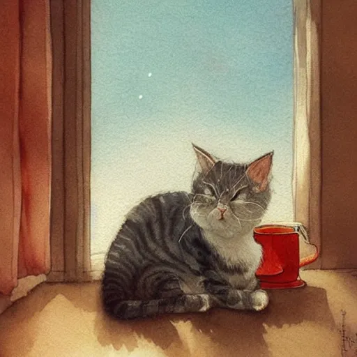 Image similar to head and shoulders masterpiece portrait of a cute adorable cat sleeping on a window sill at sunset, digital art watercolor by krenz cushart and hayao miyazaki and kuniyoshi utagawa, trending on artstation, cgsociety, rich vivid color