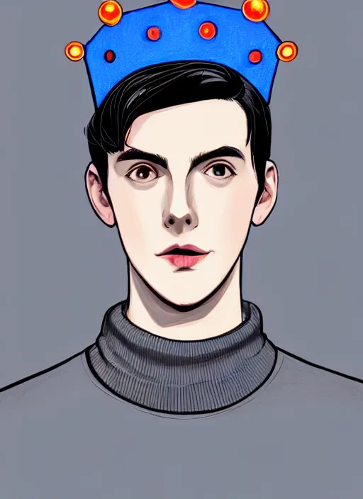 Image similar to portrait of teenage jughead jones wearing a light grey crown, crown, blue turtleneck, 1 9 5 0 s, closed eyes, photorealistic, black hair, glowing lighting, intricate, elegant, glowing lights, highly detailed, digital painting, artstation, concept art, smooth, sharp focus, illustration, art by wlop, mars ravelo and greg rutkowski