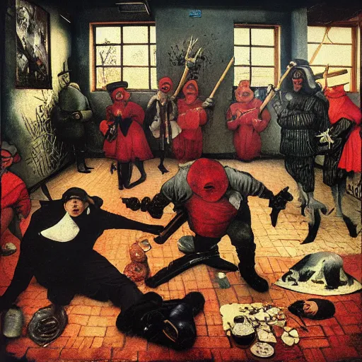 Prompt: 1 9 9 3 disposable camera color flash photo of a gang of plague doctors in the style of jan saudek, annie liebovitz, pieter bruegel the elder, joel peter witkin, gustave dore, heironymus bosch