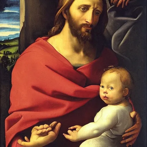 Prompt: Yeet and Jesus, renaissance painting, beautiful portrait