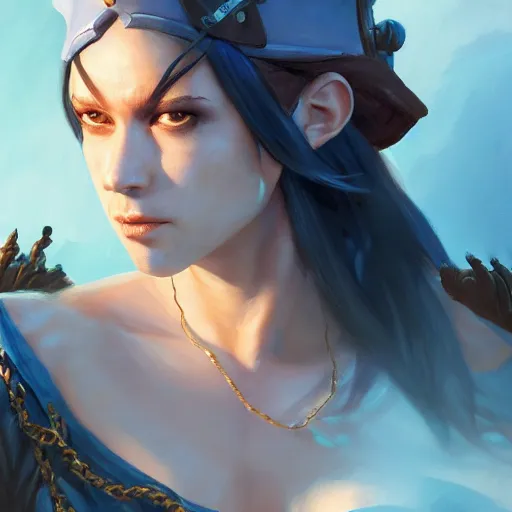 Image similar to Female pirate captain with blue skin, 4k oil on linen by wlop, artgerm, andrei riabovitchev, nuri iyem, james gurney, james jean, greg rutkowski, highly detailed, soft lighting 8k resolution