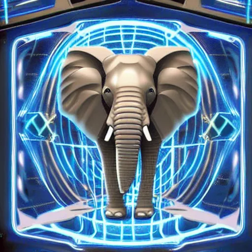 Prompt: futuristic cybertronic elephant, mechanical, blue tusks