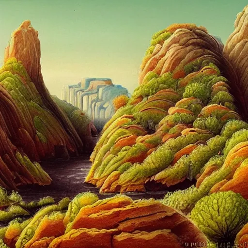 Image similar to painting of a lush natural scene on an alien planet by gerardo dottori. extremely detailed. futurism. beautiful landscape. weird vegetation. cliffs and water.