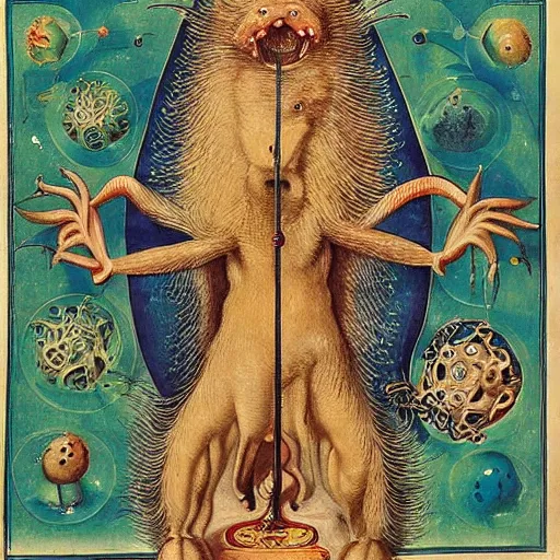 Image similar to furry freaky creature sings a unique canto about'as above so below'being ignited by the spirit of haeckel and robert fludd, breakthrough is iminent, glory be to the magic within, style of grotesques from medieval illuminated manuscripts