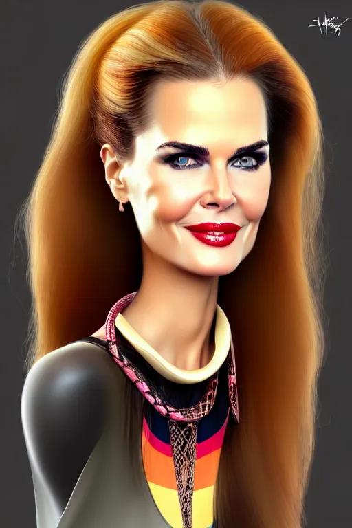 Image similar to mix of beautiful young maria shriver, mariel hemmingway, brooke shields, nicole kidman and elle macpherson as a snake girl with fangs, thin lips, hair tied up in a pony tail, dark blonde hair, colorful, artstation, cgsociety