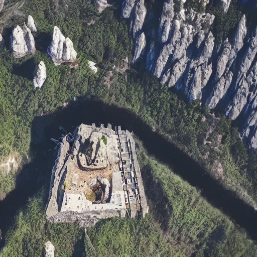 Image similar to Aerial view of a wizard's tower, surrounded by mines and caves