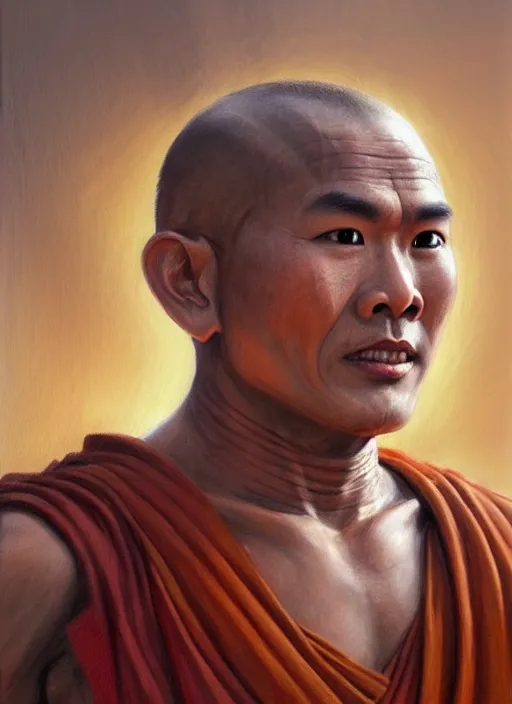 Image similar to smart tai buddhist monk, sukothai, closeup portrait, without beard and mustache, historical hero, ethnic group, tai costume, intricate, elegant, loin cloth, highly detailed, oil painting, artstation, concept art, matte, sharp focus, illustration, hearthstone, art by earl norem