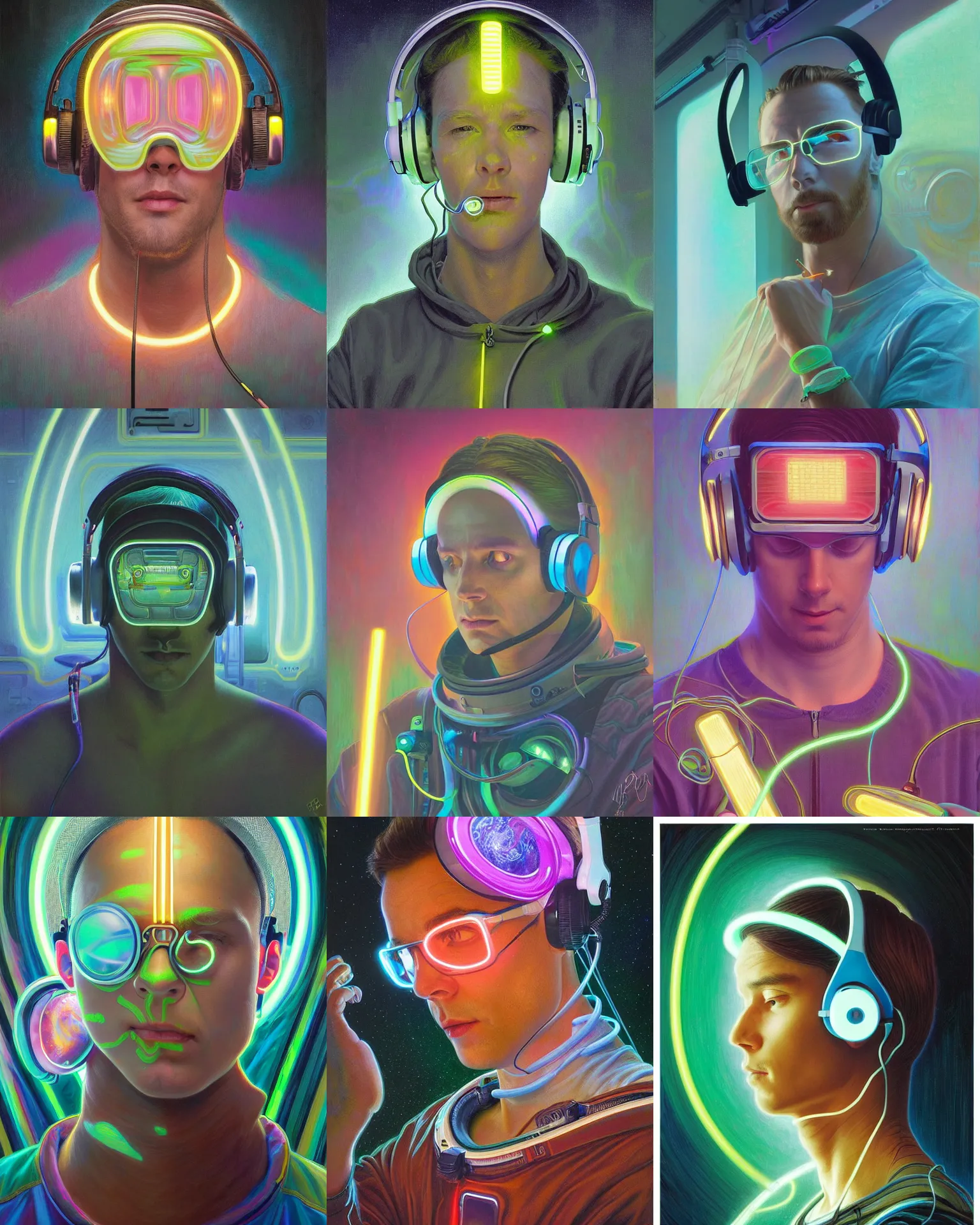 Prompt: future coder, glowing pencil thin visor over eyes and sleek neon headphones desaturated painting by donato giancola, dean cornwall, rhads, tom whalen, alex grey, alphonse mucha, astronaut cyberpunk electric fashion photography