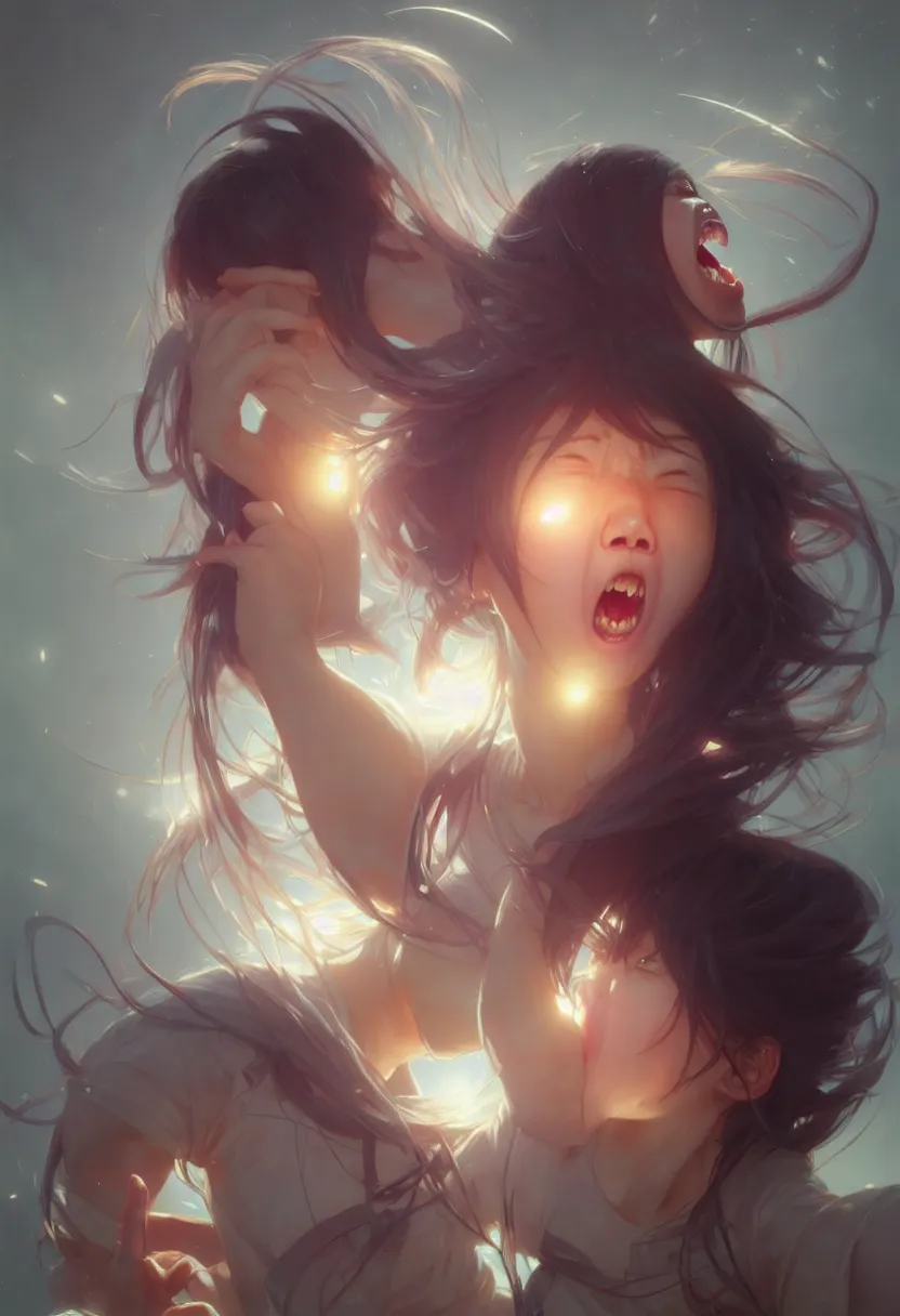 Prompt: beautiful render, futuristic cute japanese teenager screaming in anger and frustration, intricate, elegant, highly detailed, digital painting, artstation, concept art, smooth, sharp focus, octane render, dramatic lighting, art by artgerm and greg rutkowski and alphonse mucha and wlop