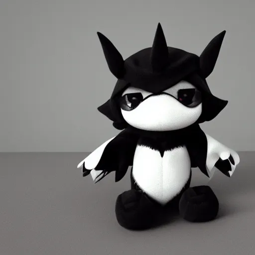 Image similar to cute fumo chibi plush knight imp, black and white with hearts, soft shadow, vray, asymmetry