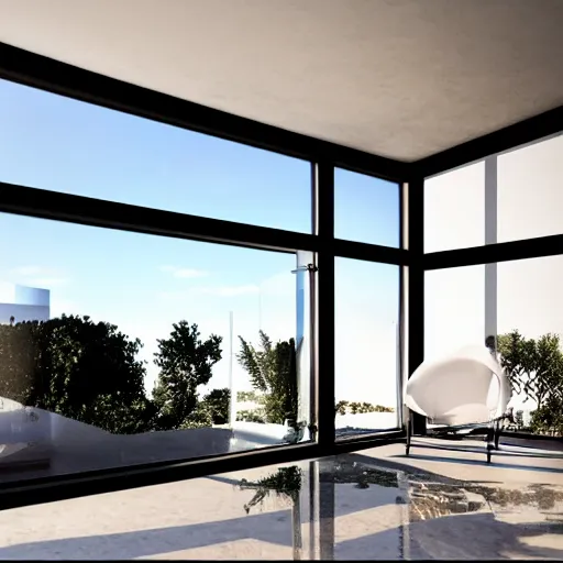 Prompt: minimalistic surreal interior with archs, architecture visualisation, glass 3 d objects, arcs, abstract pools around, sunny clear sky, redsfhit render