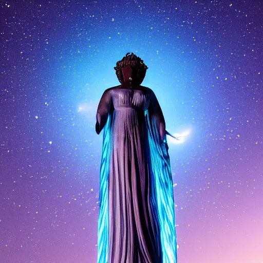 Image similar to a giant beautiful glowing blue goddess in the night sky