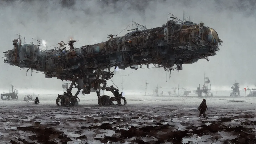 Image similar to 1920's broken down bipedal walker mech in the snowy tundra, oil drill in the distance, steampunk airship above, painted by Jakub Rozalski