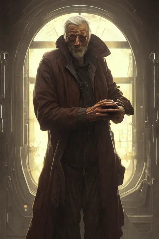 Image similar to cyberpunk old man, augmented, cyborg, movie poster, normal hands, normal legs, cinematic lighting, intricate, rugged, highly detailed, digital painting, artstation, smooth, sharp focus, illustration, art by artgerm and greg rutkowski and alphonse mucha and Wayne Barlowe and william-adolphe bouguereau