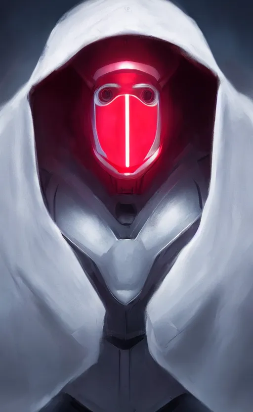 Prompt: face portrait of a robot in an all white hood and robe, with red glowing eyes, dynamic lighting, fantasy concept art, trending on art station, stunning visuals, creative, cinematic, ultra detailed