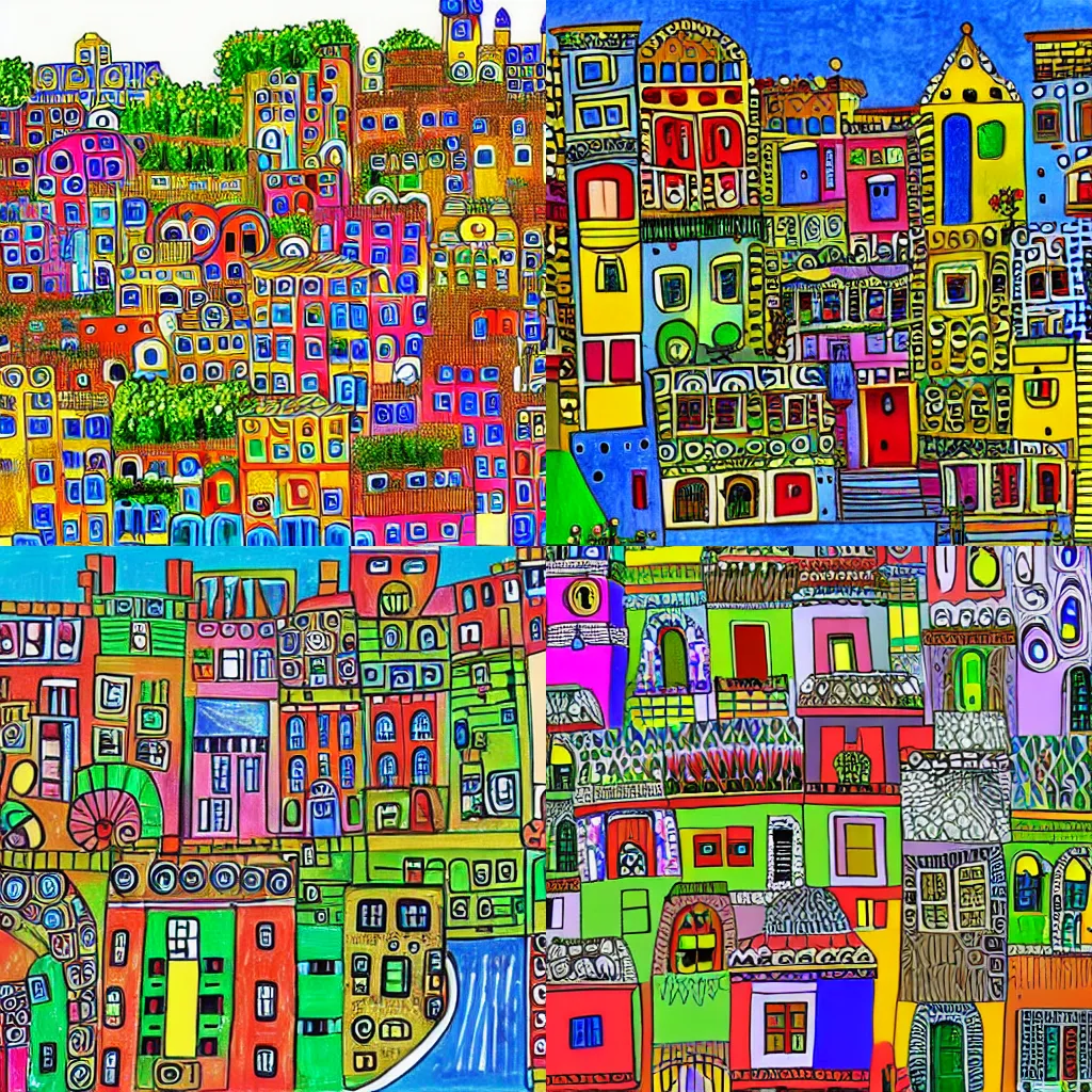 Prompt: A mediterranean city, drawn in the style of Hundertwasser