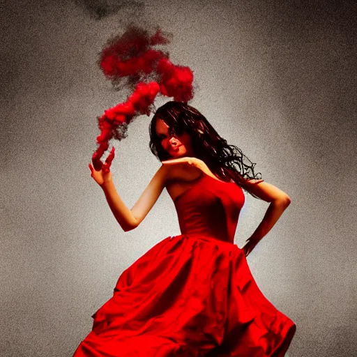 Prompt: a woman made of smoke, wearing a red dress, dancing, posed, photograph, photoshop,