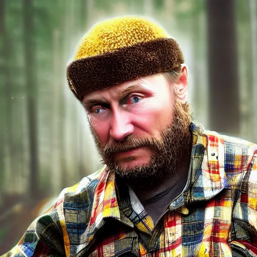 Image similar to Closeup of Vladimir Putin posing as a lumberjack. He has an axe in his hand and is wearing a yellow helmet. He looks very surprised. Hyper realistic photo. Full colour. Extremely detailed facial features.