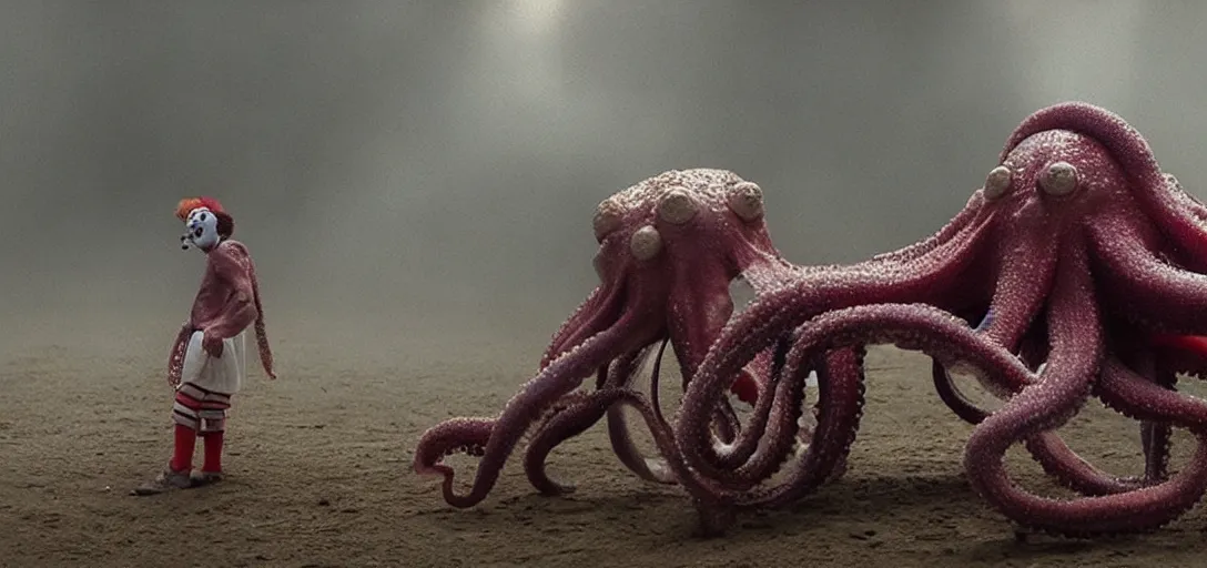 Image similar to an octopus in the shape of a clown, foggy, cinematic shot, photo still from movie by denis villeneuve, wayne barlowe