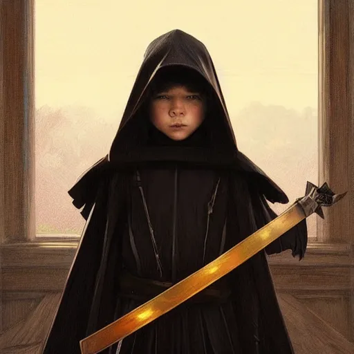 Prompt: perfectly - centered - portrait of a kid wearing black cloak holding wooden sword, intricate, highly detailed, digital painting, artstation, concept art, smooth, sharp focus, illustration, unreal engine 5, 8 k, art by artgerm and greg rutkowski and alphonse mucha