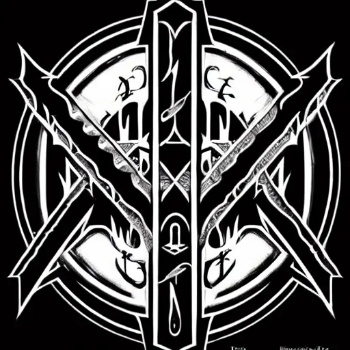 Prompt: masterpiece, symmetrical dimmu borgir logo calligraphy by thomas bokler, behance, white letters on black background