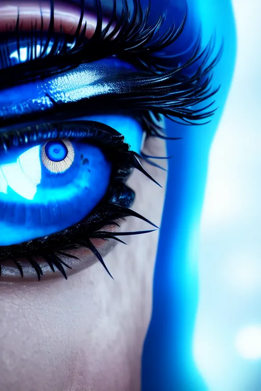 Image similar to macro photography of a hyper realistic stunning woman cyberpunk blue eye. black pupil, blue iris, natural skin no make up. studio shot, epic scale, insanely complex, hyper detailed, sharp focus, hyper realism, artstation, cgsociety, 8 k, unreal engine 5