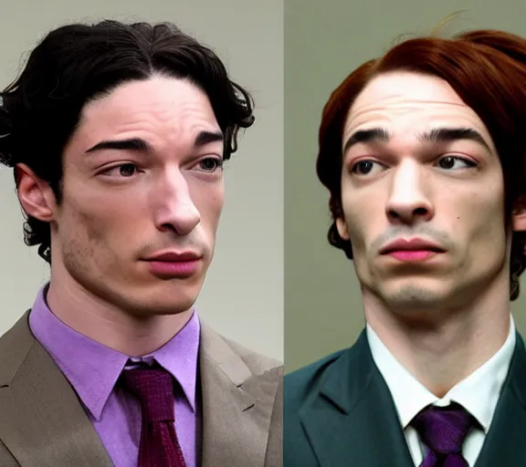 Prompt: Saul Goodman defending Ezra Miller in court, photography, realistic faces, detailed