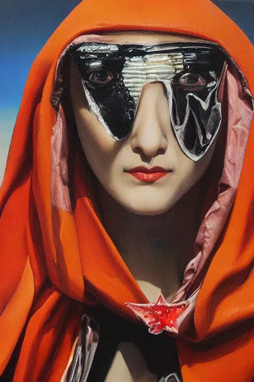 Prompt: hyperrealism oil painting, close-up portrait of nun fashion model, ginger, dressed in cloak, melted cyborg, ocean pattern mixed with star sky in front, in style of classicism mixed with 70s japan book art