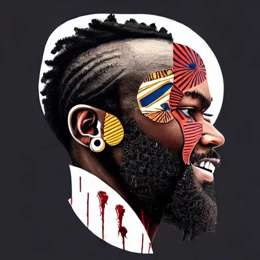 Image similar to a portrait of a black man with side profile blood in ocean intricate details :: side profile :: futuristic mask :: by vikings and Sandra Chevrier