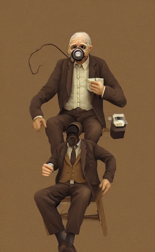 Image similar to old, man, farmer, work, vintage suit, sittin, wood, straw, kettle, book, gasmask, non fiction, stability, intricate, elegant, 8 k, uhd, justify, artstation, concept art, matte, sharp focus, illustration, consistent, one object content, proportional object content