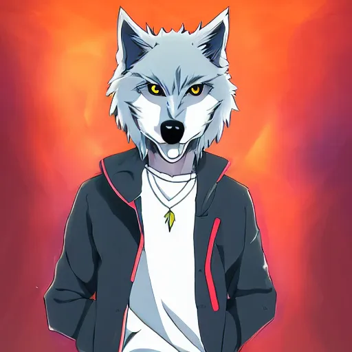 Image similar to key anime visual portrait of an anthropomorphic anthro wolf fursona, in a jacket, with handsome eyes, official modern anime art