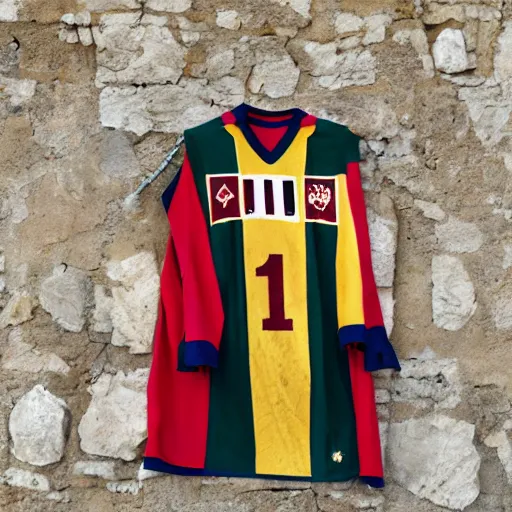 Prompt: medieval soccer jersey, hanging on a wall in a castle