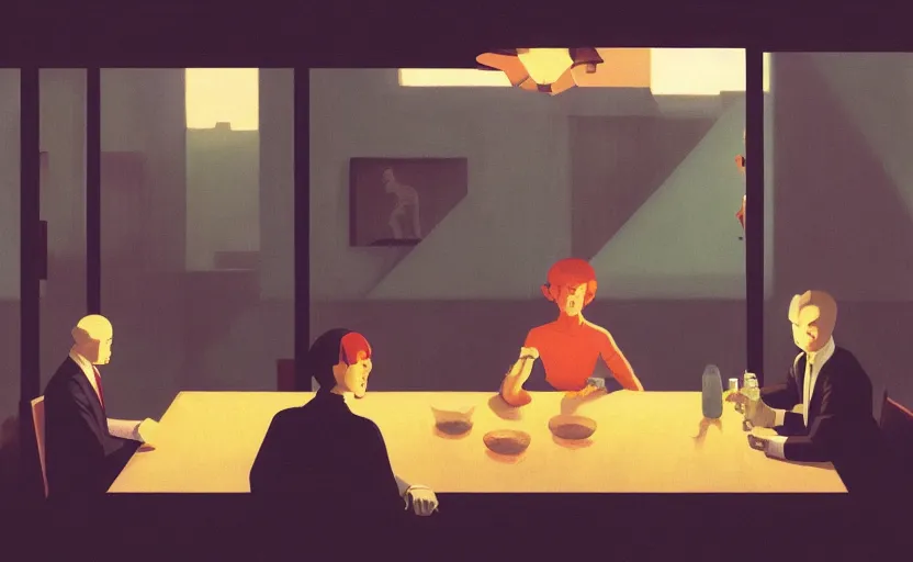 Image similar to a mysterious dinner scene illustration by atey ghailan and escher and edward hopper, japanese surreal