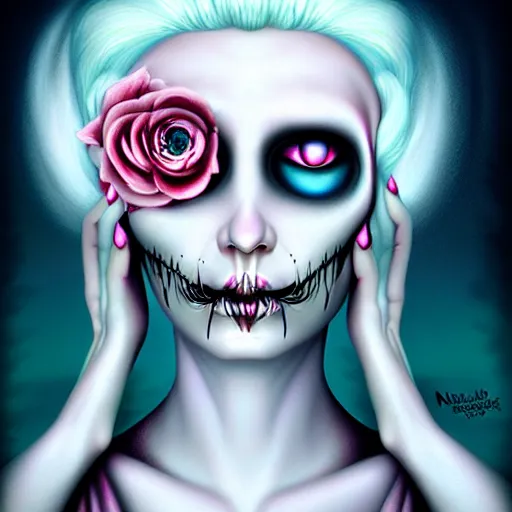 Image similar to goddess of death in a cemetary, white hair, bright, cool colors, digital painting, surrealism, by natalie shau