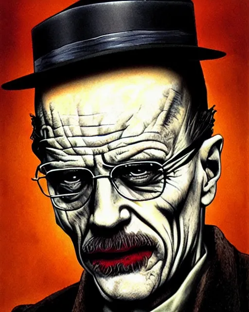 Image similar to portrait of walter white as the joker, illustration, art by neil gaiman and peter elson