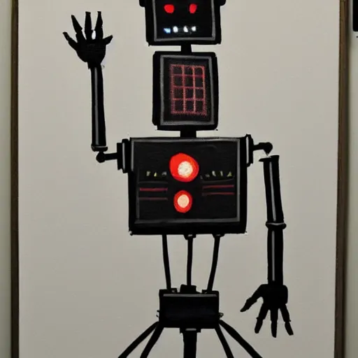 Prompt: a robot shrugging. the robot is also an artist an is painting on a canvas.