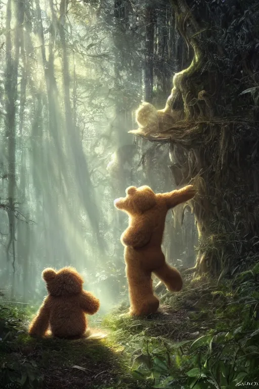 Image similar to mean fluffy teddybear protecting girl in a forest with rays of light coming through the canopy, masterpiece, dystopian, sci-fi, extremely detailed, digital painting, sculpted in zbrush, artstation, concept art, smooth, sharp focus, illustration, chiaroscuro lighting, golden ratio, incredible art, artgerm, greg rutkowski, alphonse mucha, simon stalenhag, carravaggio